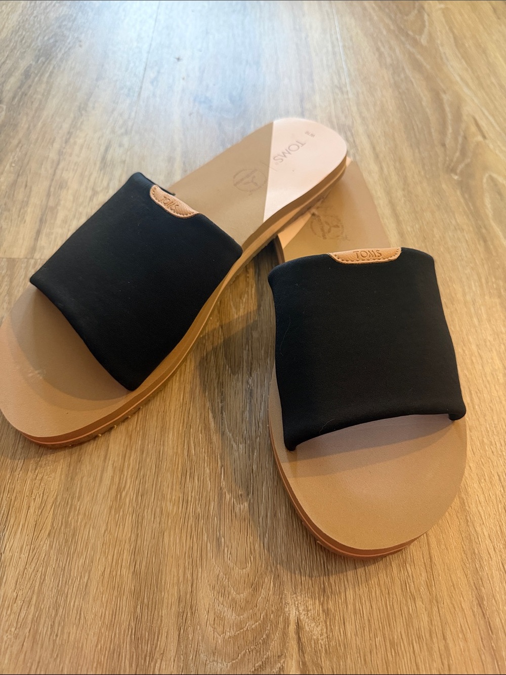 TOMS Black Slide Sandals with Tan Footbed